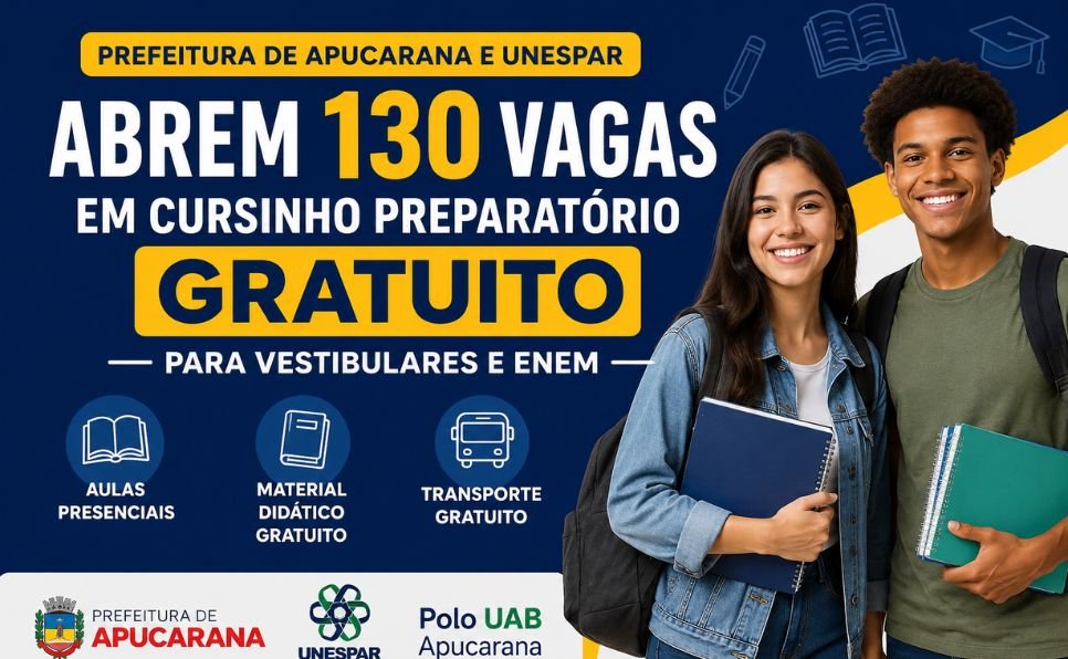 Imagem do artigo Prefeitura de Apucarana e Unespar Abrem 130 Vagas para Cursinho Preparatório Gratuito de Vestibulares e Enem