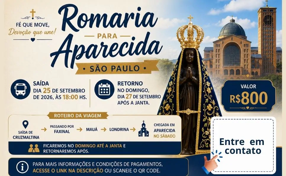 Imagem do artigo Romaria para Aparecida saida dia 25, retorno dia 27 de setembro de 2026