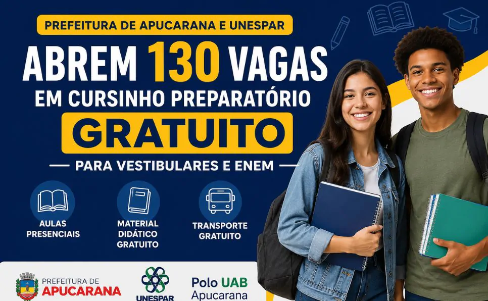 Imagem do artigo Prefeitura de Apucarana e Unespar Abrem 130 Vagas para Cursinho Preparatório Gratuito de Vestibulares e Enem