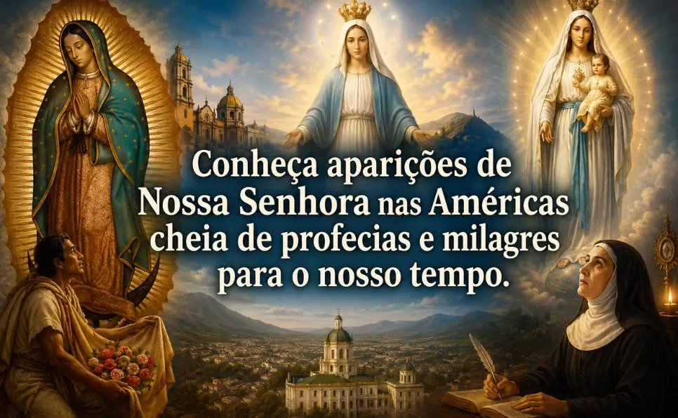 Imagem horizontal sobre as aparições de Nossa Senhora nas Américas, mostrando Nossa Senhora de Guadalupe, Nossa Senhora do Bom Sucesso e o chamado à conversão, às profecias e aos milagres para o nosso tempo.